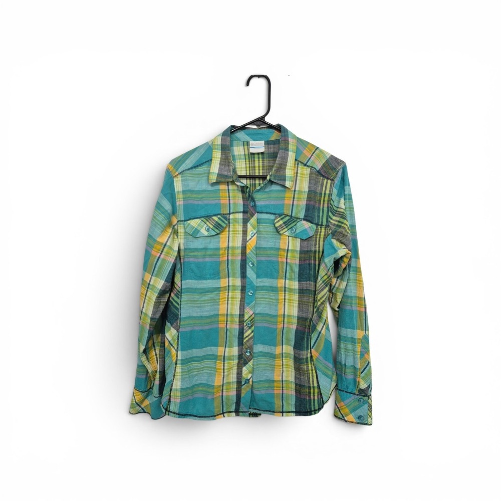 Columbia Womens XL Plaid Button Down Shirt Teal Green Yellow Long Sleeve Hiking